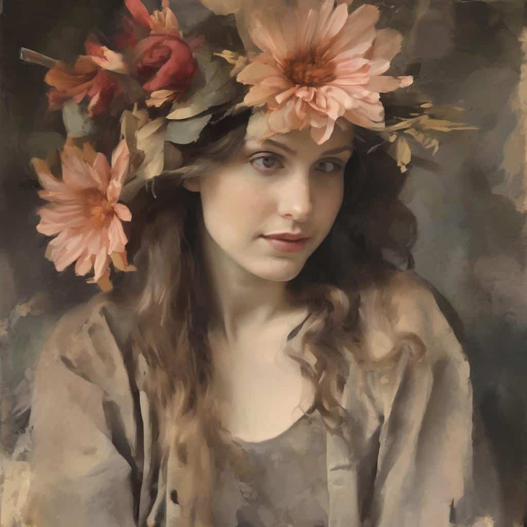 Αρτ με λουλούδια, δημιουργική τέχνη, πίνακας, γυναικεία πορτρέτο, τέχνη ζωγραφικής, καλλιτεχνικές προσεγγίσεις.