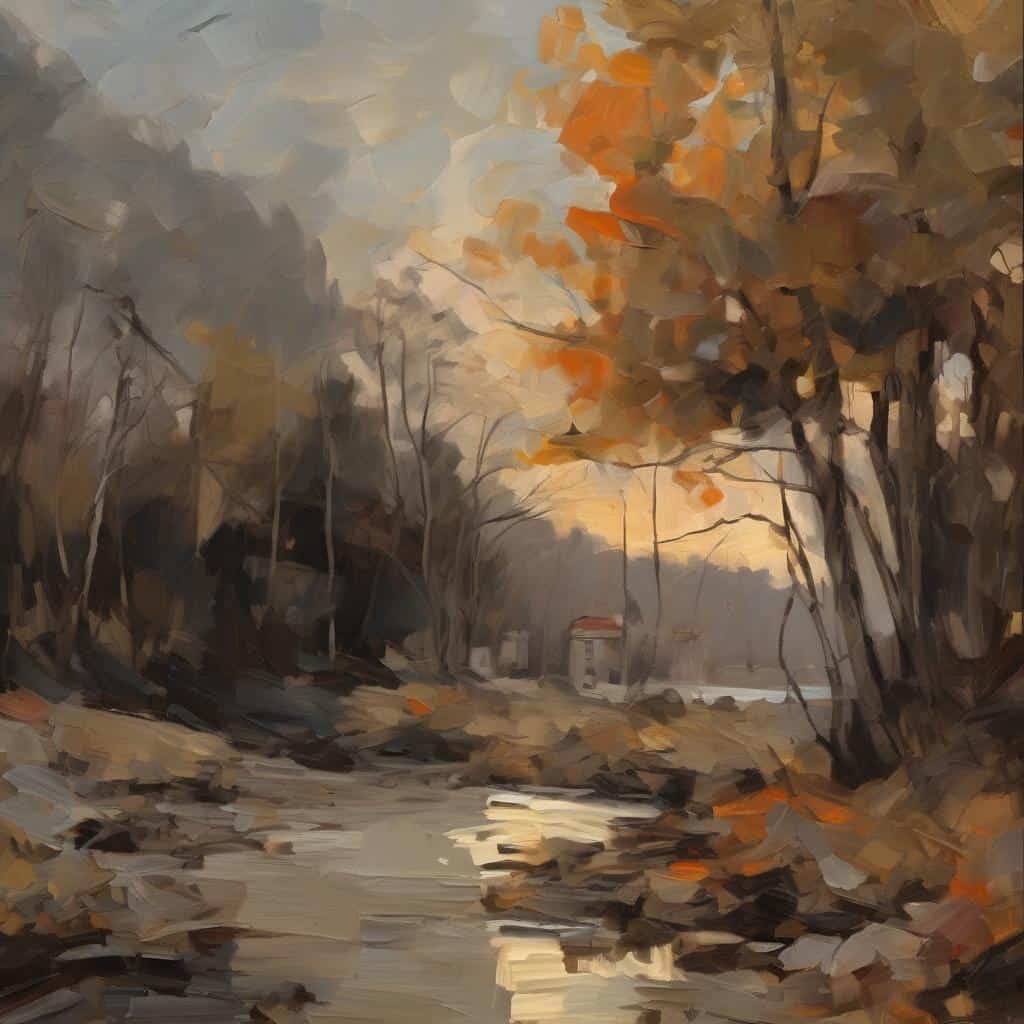 Οπίσθιο μέρος από δέντρο με φύλλα φθινοπώρινα σε καταπράσινο ποτάμι, δημιουργική τέχνη και σύγχρονες προσεγγίσεις στην τέχνη.