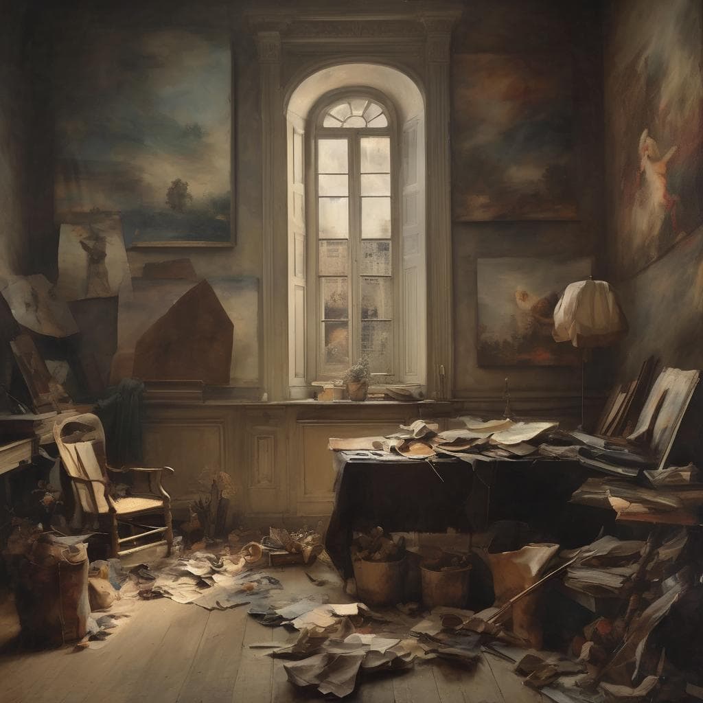 Απόγευμα σε δημιουργικό εργαστήριο τέχνης με πίνακες, βιβλία και ακανόνιστα χαρτιά, έμπνευση και καλλιτεχνική διάθεση.