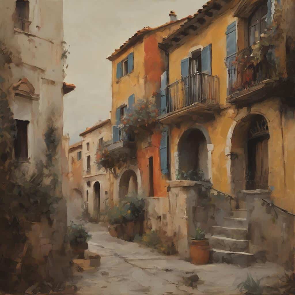 παραδοσιακή ευρωπαϊκή γειτονιά με πολύχρωμα σπίτια και πέτρινο δρομάκι σε ρεαλιστικό στυλ ζωγραφικής.